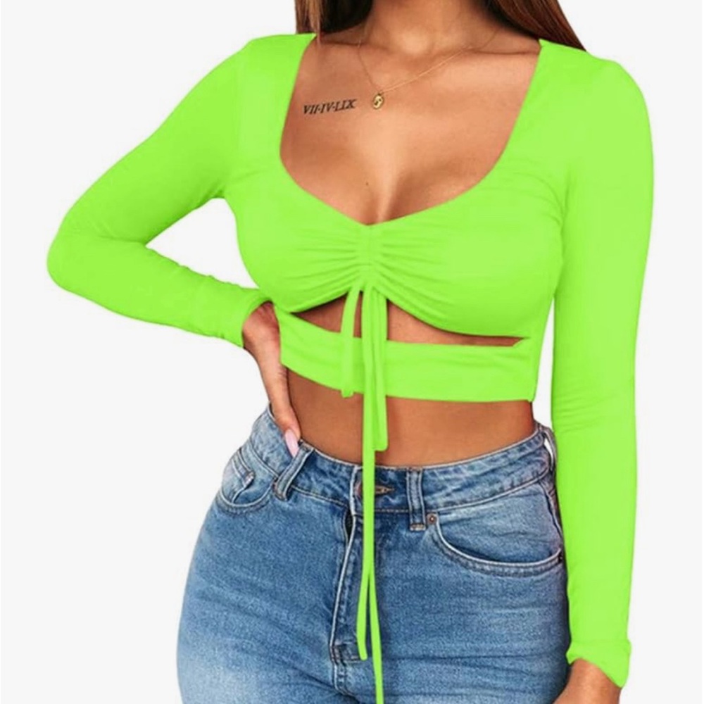 Mizoci Women's Sexy Ruched Tie Up Crop Top Basic Long Sleeve Cut Out T Shirt